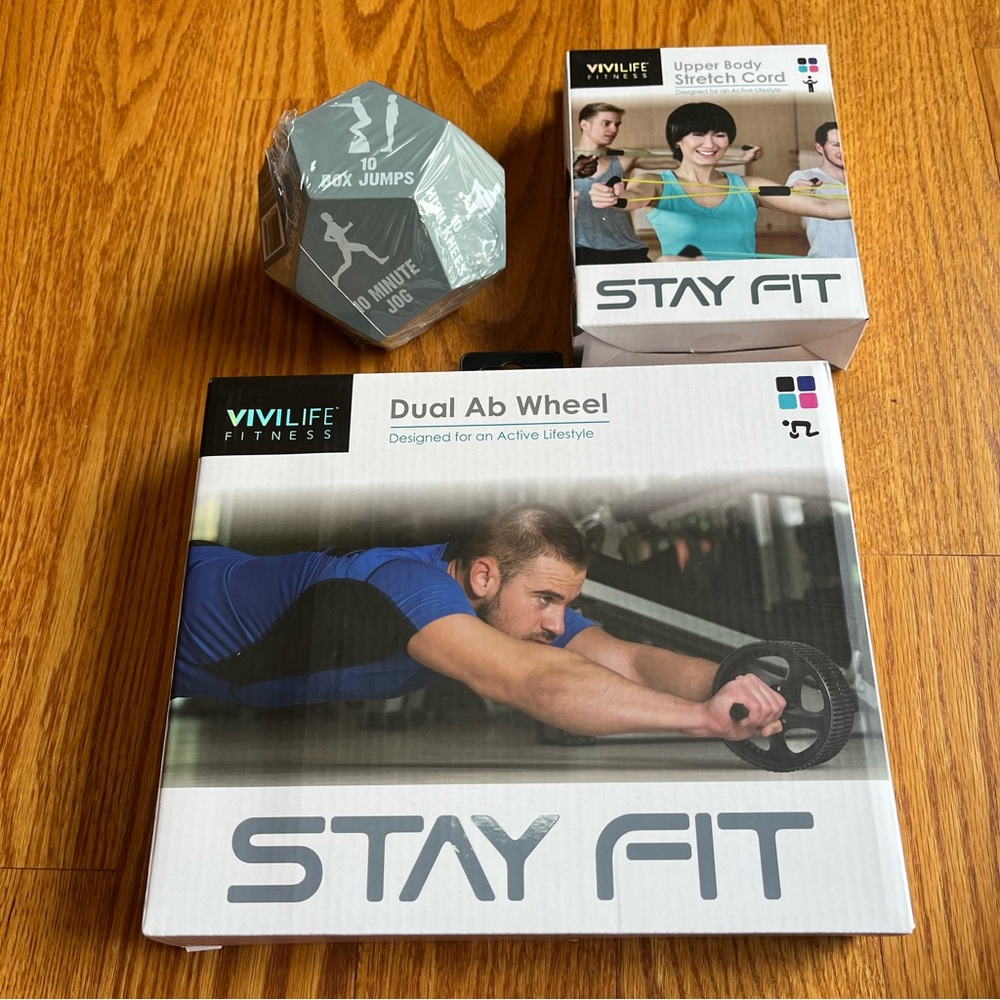Fitness Bundle Dual Ab Wheel, Upper Body Stretch Cord, Excercise Dice